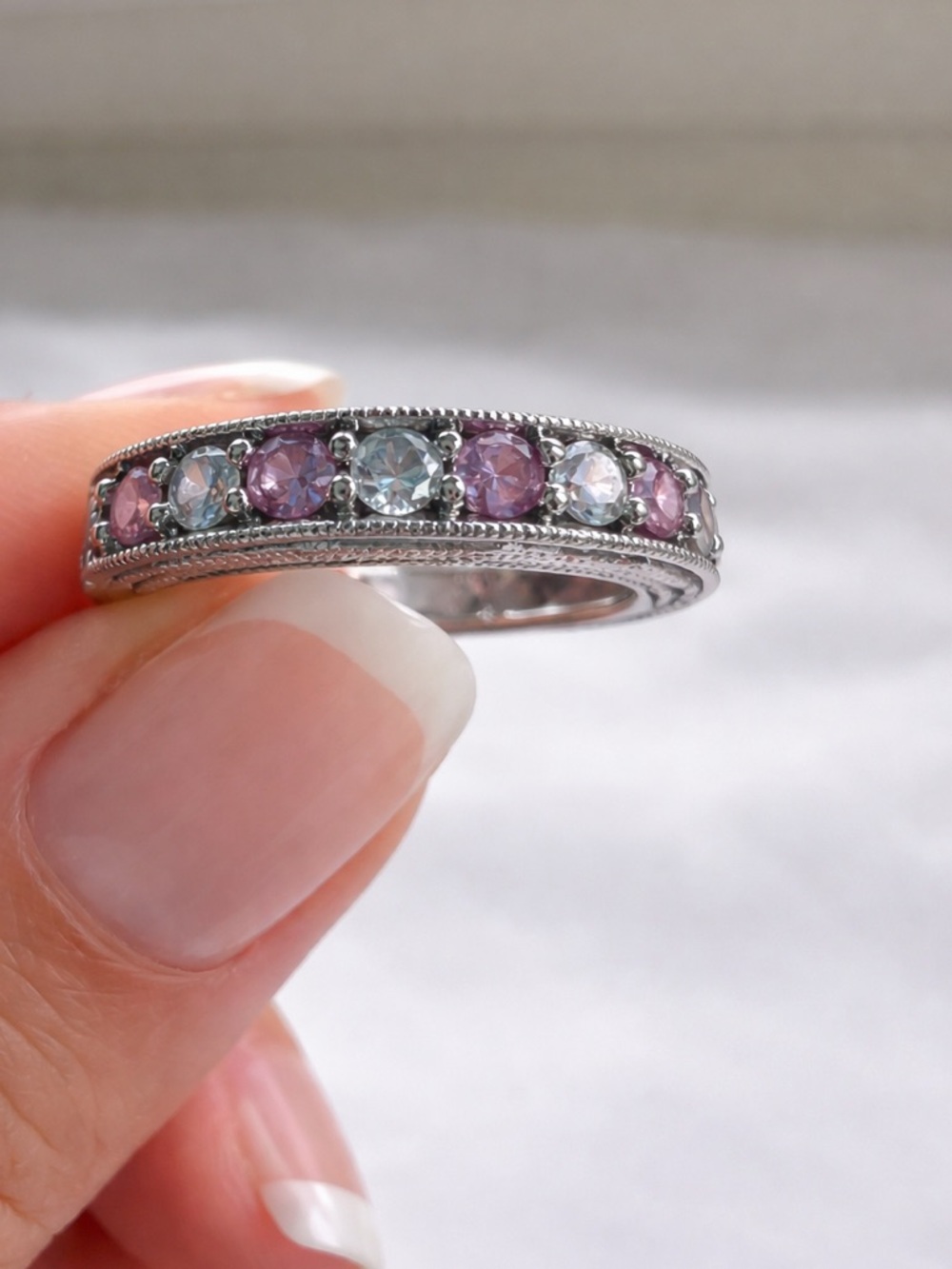 925 Sterling Silver Pink White Sapphire Eternity Band Ring Size 5.5